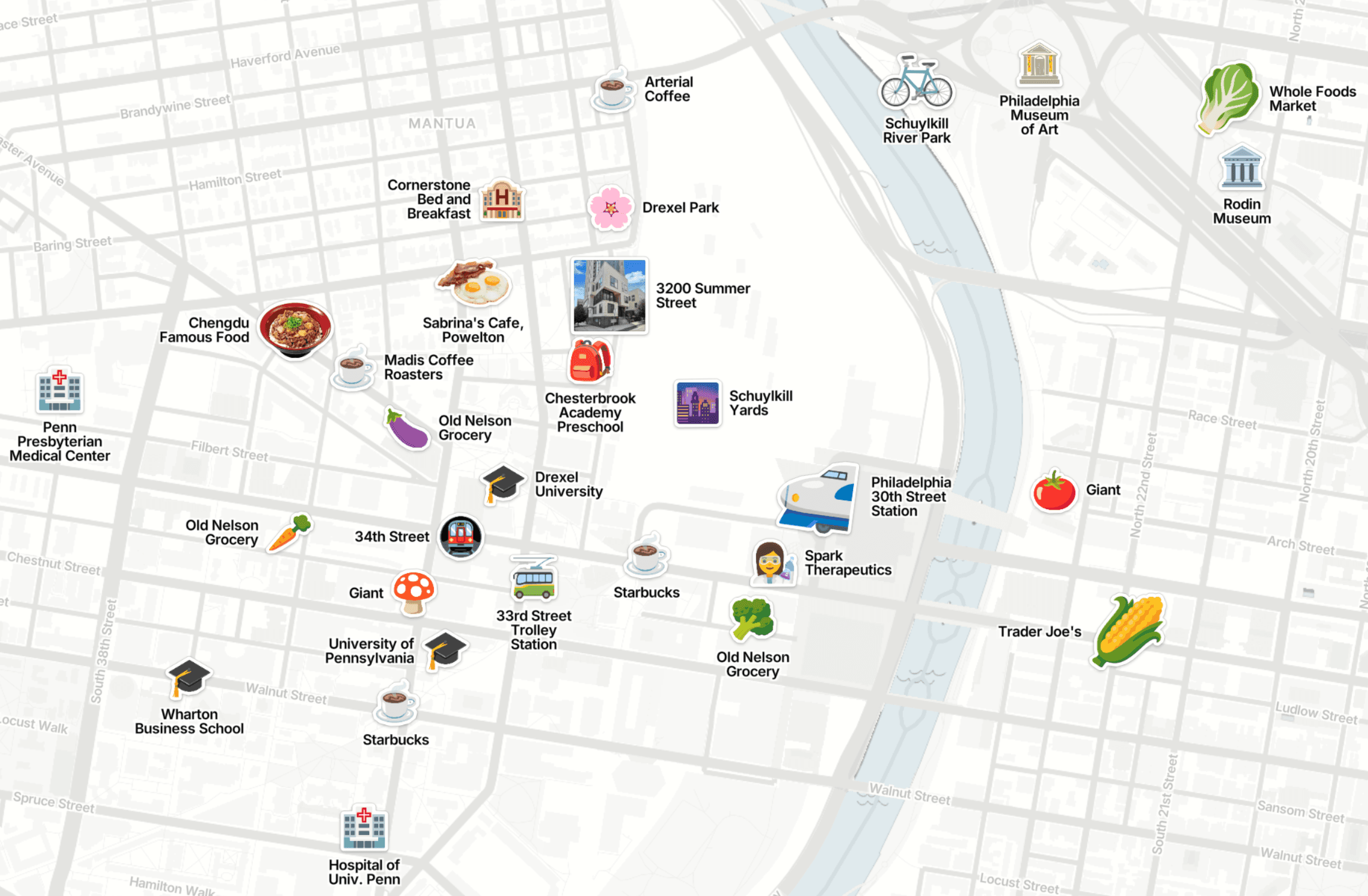 Curated map of Powelton Village and University City neighborhood